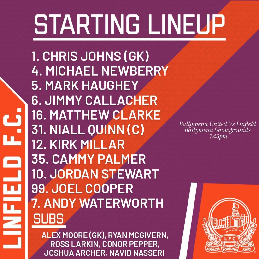 OfficialBlues's tweet photo. 📰 TEAM NEWS from the Ballymena Showgrounds.

Andy Waterworth leads the line, with Shayne Lavery on international duty.

Niall Quinn captains the team on his 300th Linfield appearance. 

Jamie Mulgrew is out injured. https://t.co/JkNTDEHFIl