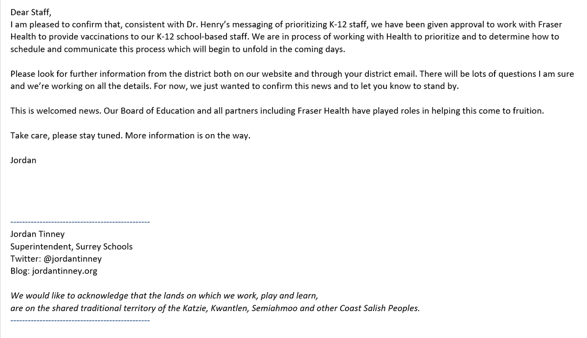 jordantinney's tweet photo. Vaccinations memo to all Surrey Schools staff. Email has gone out to all school staff. #sd36learn #surreybc @CityofSurrey @Surrey_Schools @CUPE728 @SurreyTeachers https://t.co/fVV6y4qV46