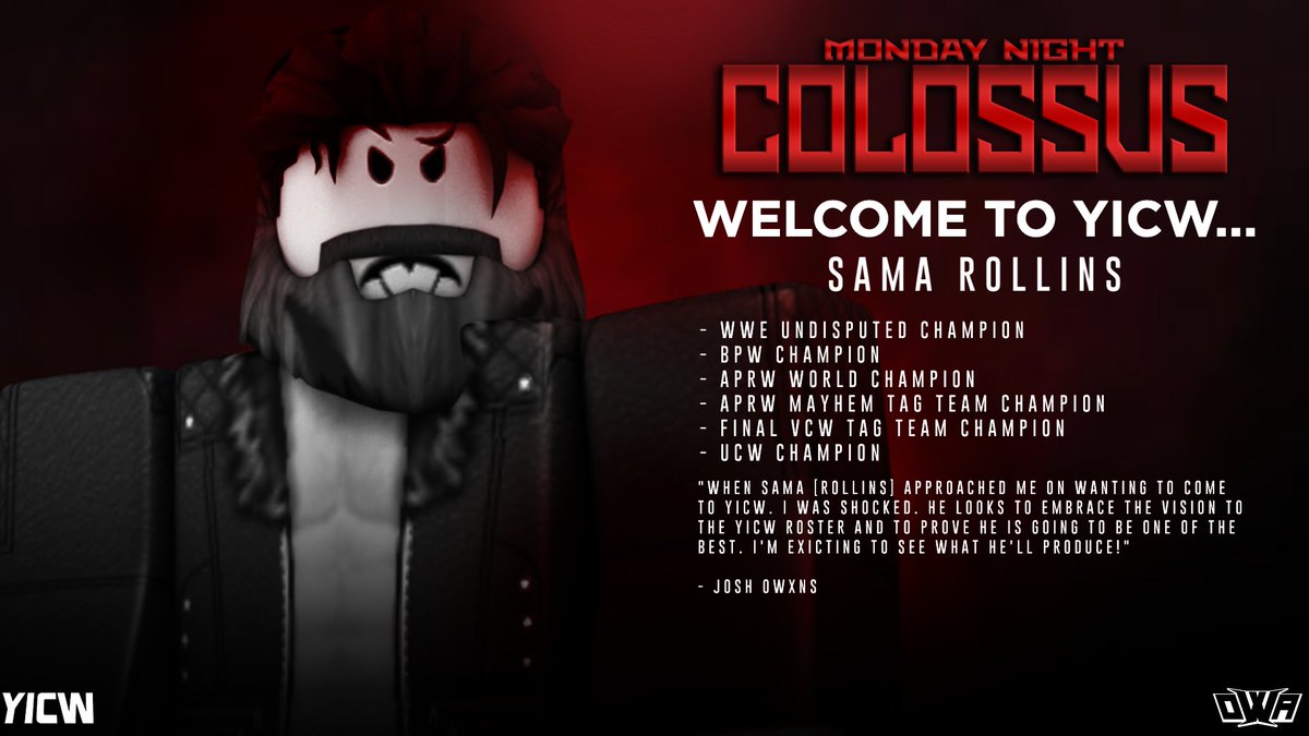 YICWNetwork's tweet photo. NEW SIGNGINGS!
Welcome to YICW @RWTheHanShow & @xSama26 !
Two BIG Signings to YICW this week as we see the LARGEST ROBLOXIAN #HanShow and the MESSIAH #SamaRollins both sign to YICW and will debut soon!
What will both of these's men produce in YICW?
#YICW https://t.co/GBCNujFWCd