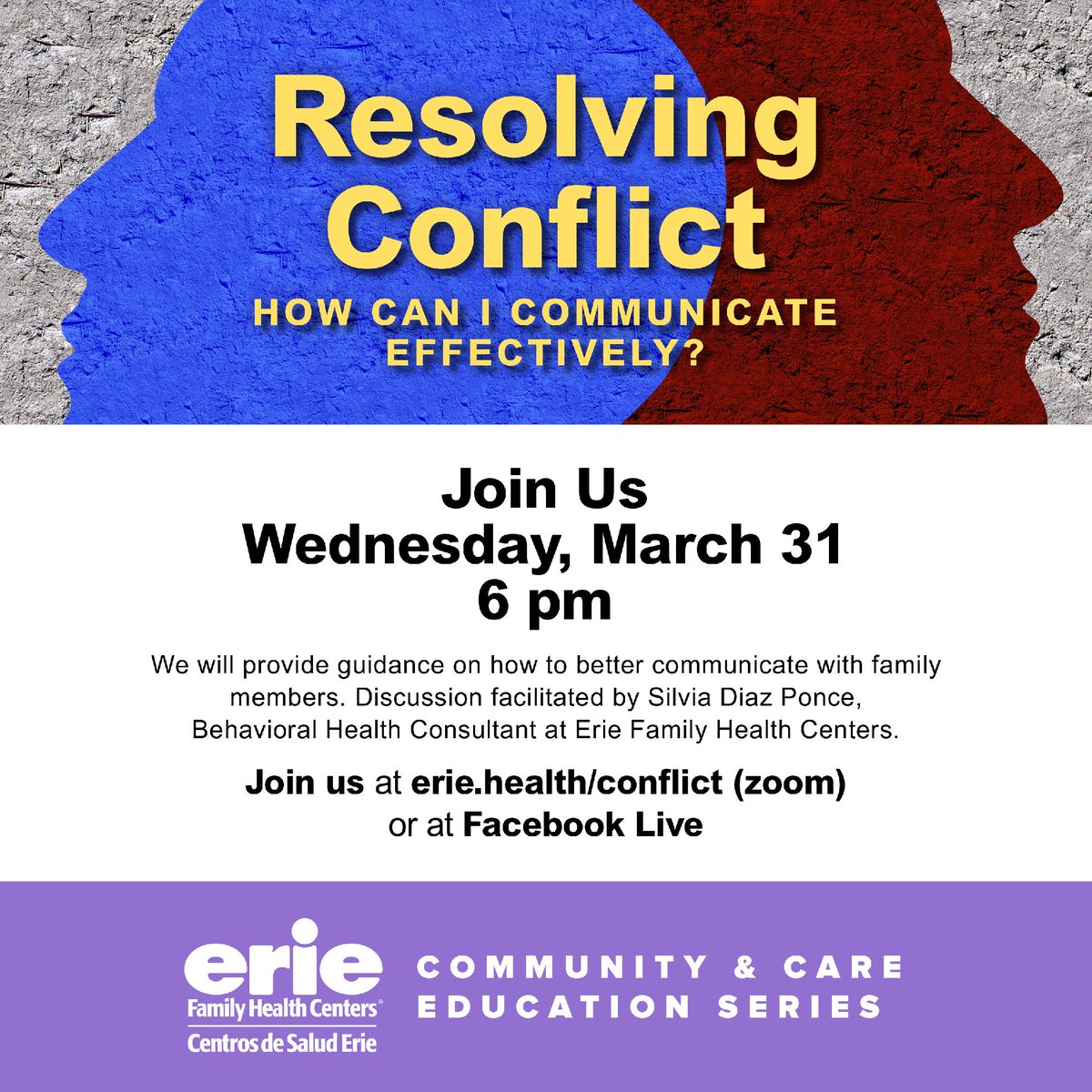 Instituto1977's tweet image. Healthy conflict and communication go hand in hand, but how do you handle it without being mean? Join @ErieFamHealth next Wednesday, March 31 to learn how how to resolve issues between you and your family members, or other loved ones. #OneDynamicInstituto