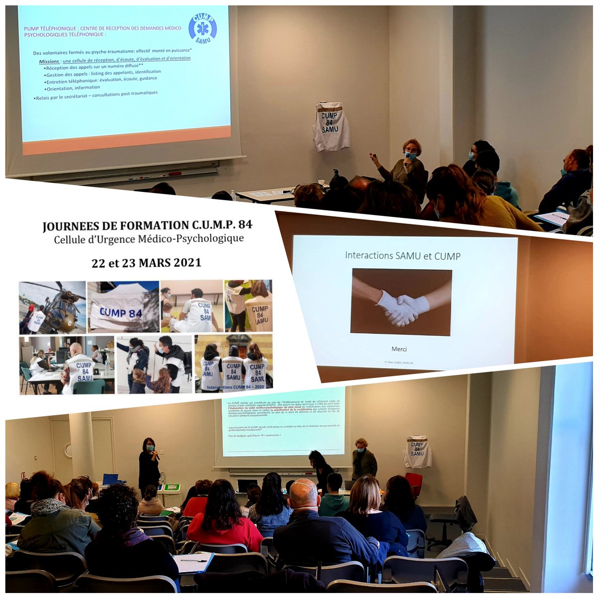 cump_84's tweet photo. Hier et aujourd'hui se sont tenues les journées de formation et d'intégration de la #CUMP84, avec la riche intervention du SAMU84 et de la #CUMP13. 31 nouveaux volontaires intègrent nos rangs pour prendre en charge l'urgence médico psychologique et le #psychotrauma. Merci à eux! https://t.co/XpP2s3w57A