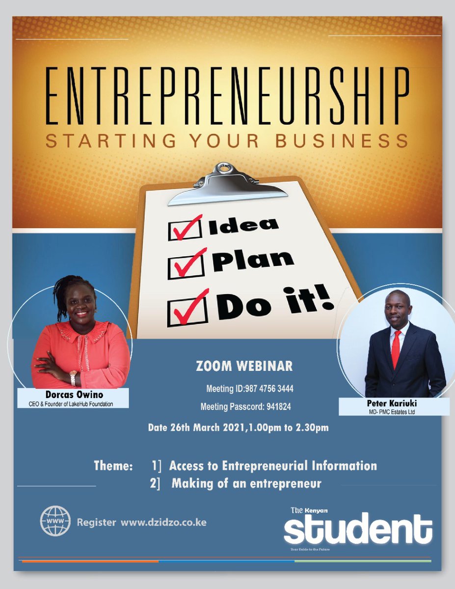 Kenyan Student Magazine Cordially invites you to a Youth Entepreneurship Webinar on 26th March 2021 from 1:00pm to 2:30pm .See you then. William Ruto #CovidVaccineScam 15 ICU Indian Ocean