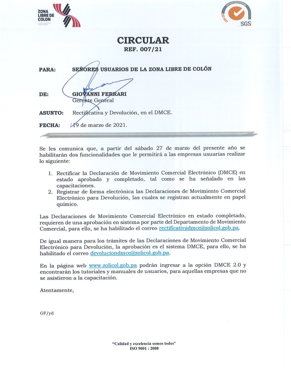 zolicol's tweet photo. ⚠️#Atención | A través de la Circular 007/21 comunicamos a nuestros usuarios que a partir del 27 de marzo de 2021 se habilitarán 2 nuevas funcionalidades en el sistema DMCE. Por favor, lea detenidamente la circular.

#unidoslohacemos #unidoszonalibre #trabajandoporpanamá https://t.co/rSAAjYEbAG