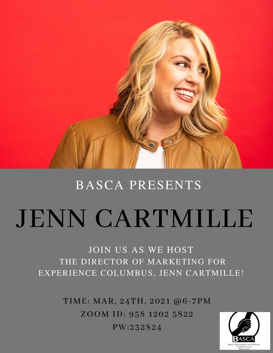 Hello Everyone! 👋🏽 Please join us for our meeting tomorrow! You will have the opportunity to meet and engage with Jenn Cartmille, the Director of marketing at Experience Columbus! Come with questions and a winning attitude! See you there!😊

Time: 6PM
ID:  958 1202 5822
PW: 23282