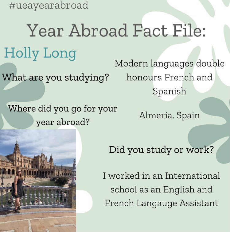 Languages_UEA's tweet photo. Here’s the first of our Year Abroad Fact Files from LCS students who have been abroad. Read more about Holly’s experience as an assistant in Spain here 🌎✈️ #uealcs #yearabroad #factfile https://t.co/xrkVQpmYQr