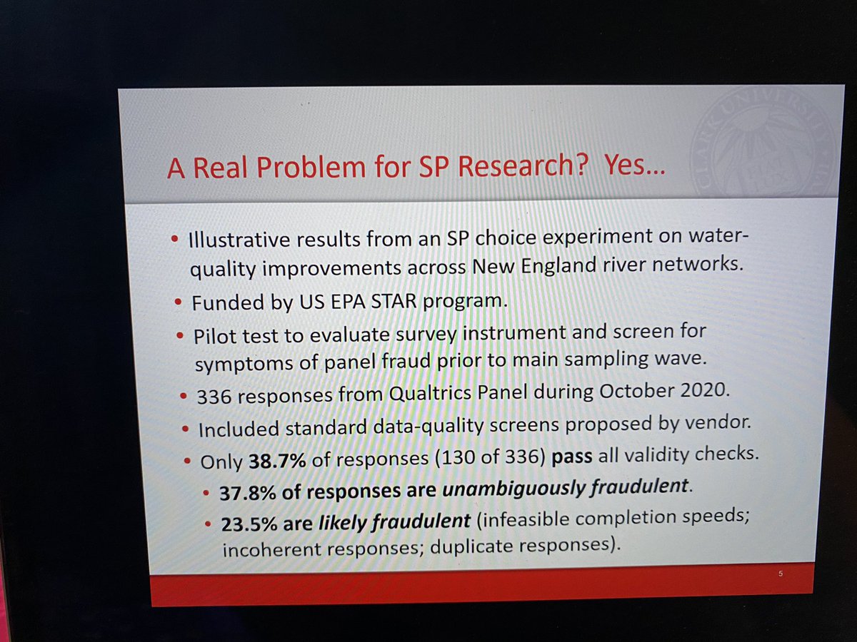 smmour's tweet photo. Great session at #sbca conference discussing latest updates in #statedpreferences. Robert Johnston investigated #fraudulent online survey responses and found 38% unambiguously and 23.5% likely #fraudulent. Scary stuff for those of us using survey data! @benefitcost https://t.co/fsqXgKBGUR