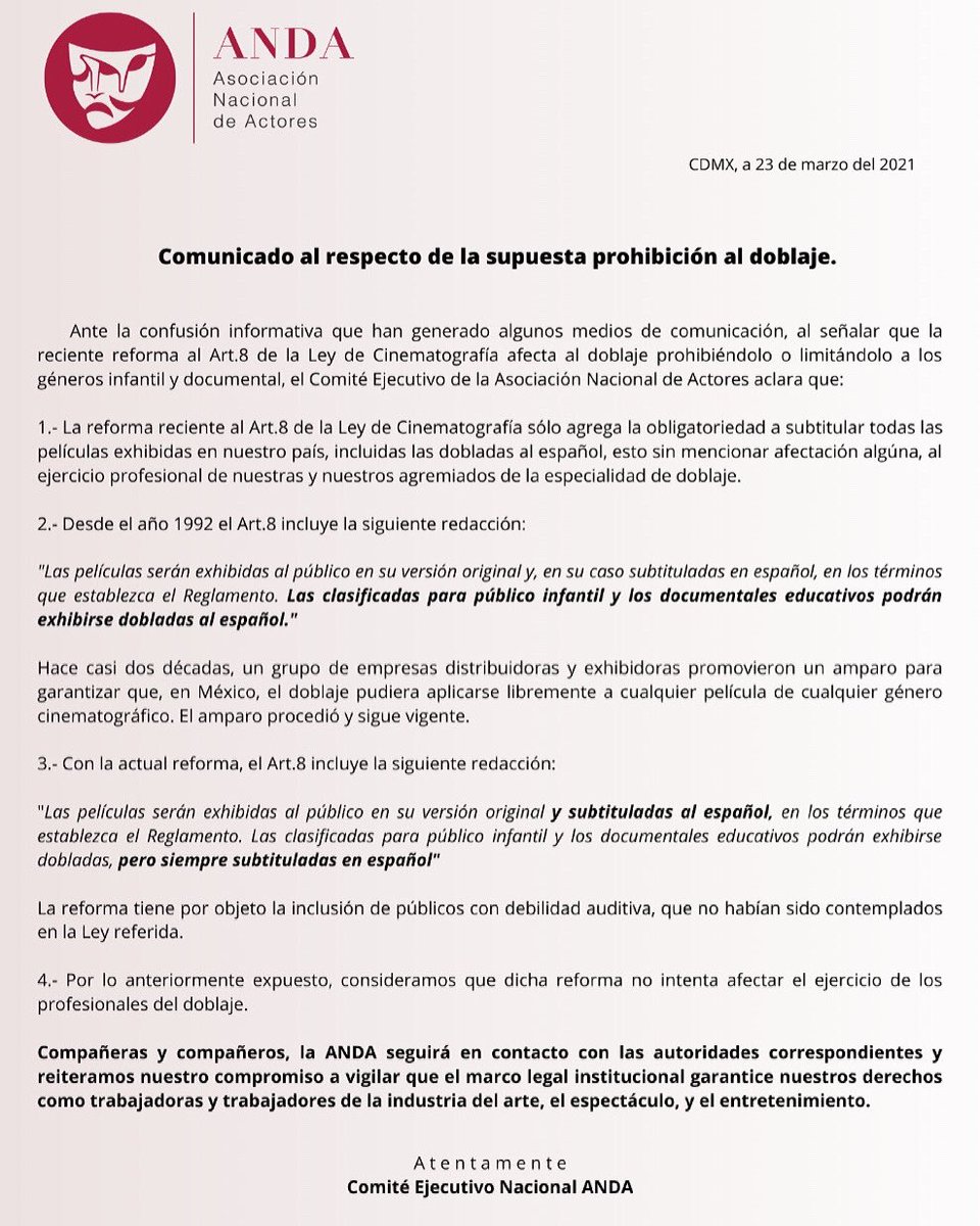 Comunicado del Comité Ejecutivo Nacional, respecto de la reforma al artículo 8o. de la Ley Federal de Cinematografía. <a href="/marco_trevino/">Marco Treviño</a> <a href="/CalvActor/">Alejandro Calva.</a> <a href="/zaratejorge61/">JZ</a> <a href="/oscarb59/">Oscar Bonfiglio</a> <a href="/lauaya1/">LA</a> <a href="/ANDAJuvenil/">Comisión JuvenilANDA</a>