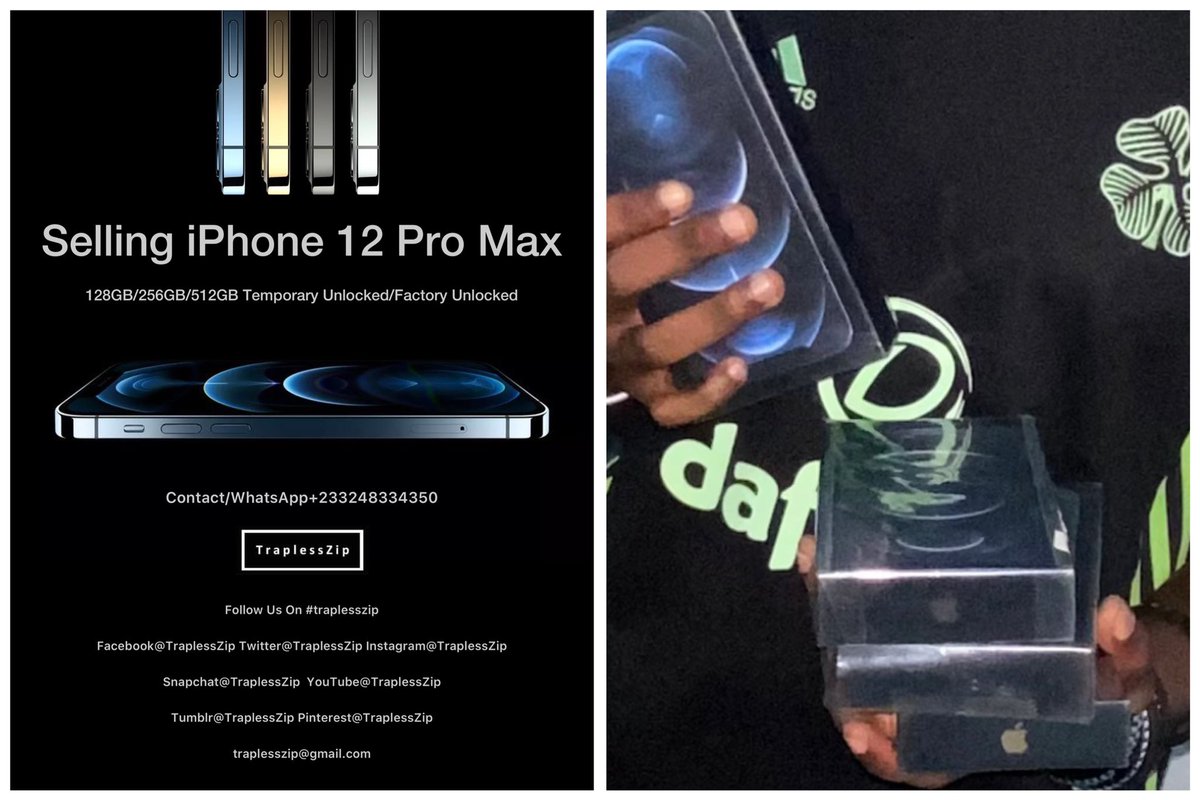 traplesszip's tweet photo. Selling iPhone 12 Pro Max 128GB/256GB/512GB Temporary Unlocked/Factory Unlocked Contact/WhatsApp +233248334350 #traplesszip Facebook@TraplessZip Instagram@TraplessZip Snapchat@TraplessZip YouTube@TraplessZip Tumblr@TraplessZip Pinterest@TraplessZip traplesszip@gmail.com https://t.co/OvLhZpuZz9