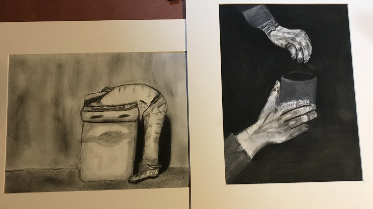 NOStheRapper's tweet photo. Here is some art that I drew back in high school for my #apartclass #ArtistOnTwitter. I did a set of drawing based on #homessness #drawing. First two I’m showing are “a man getting trash out of the garbage” and the second one is “a man getting spare change” https://t.co/GQbNgKThuw