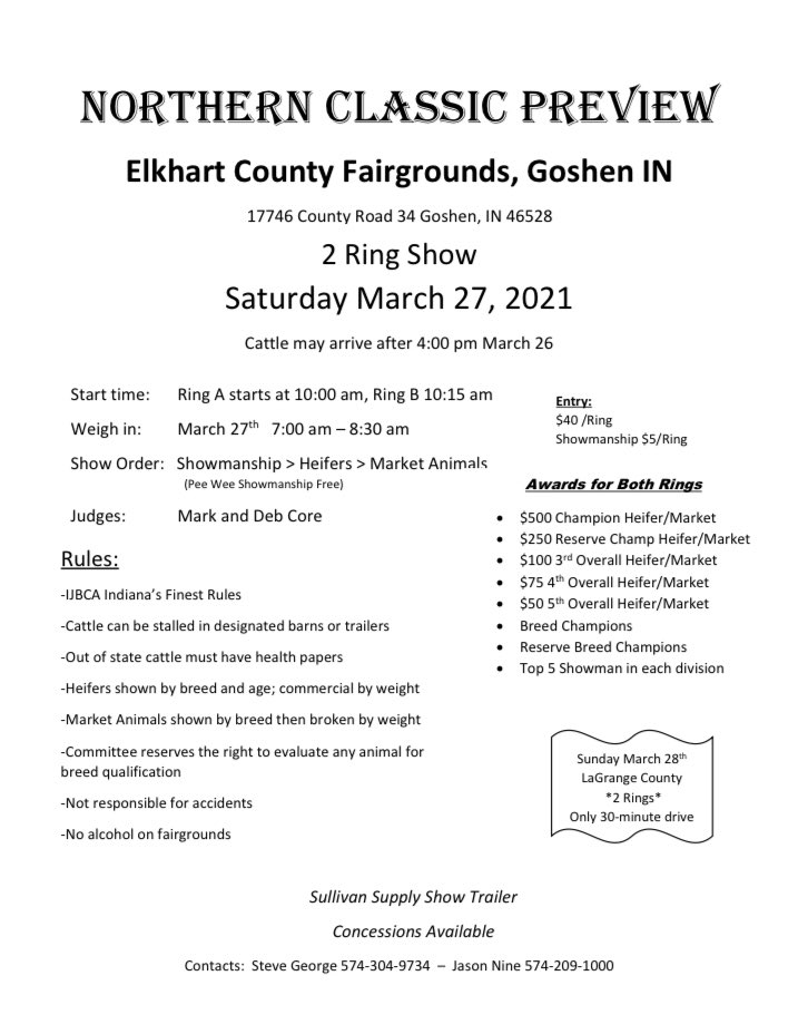 IJBCA's tweet photo. UPCOMING SHOW REMINDER
•••
This Saturday, March 27th, the Northern Classic Preview Show will be held at Elkhart County Fairgrounds. The Elkhart County Health Department at all times on the fairgrounds. Please abide by the rules for this show!
•••
We hope to see you there! https://t.co/ODbZ8wIjQk