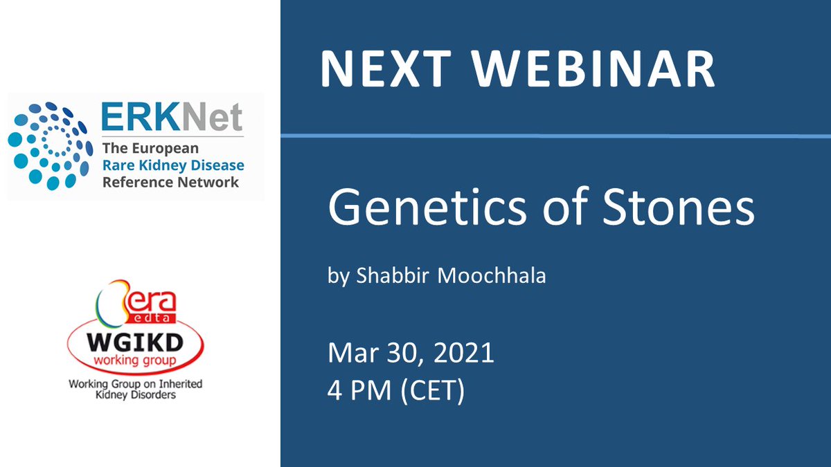 📢Next ERKNet & @ERAEDTA webinar on genetics of stones by Shabbir Moochhala!
📅Mar 30, 4 PM (CET)
✅Register here: tiny.cc/bs2vtz