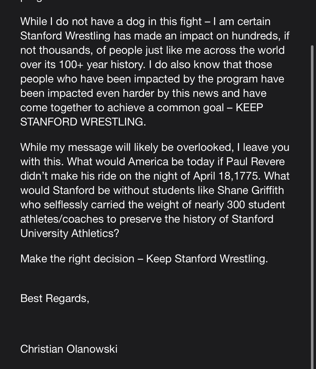 CJOlanasty33's tweet image. Here’s the email I wrote to @Stanford  president comparing Griffith’s title run to Paul Reveres ride.