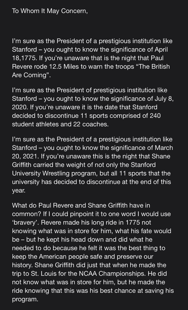 CJOlanasty33's tweet image. Here’s the email I wrote to @Stanford  president comparing Griffith’s title run to Paul Reveres ride.