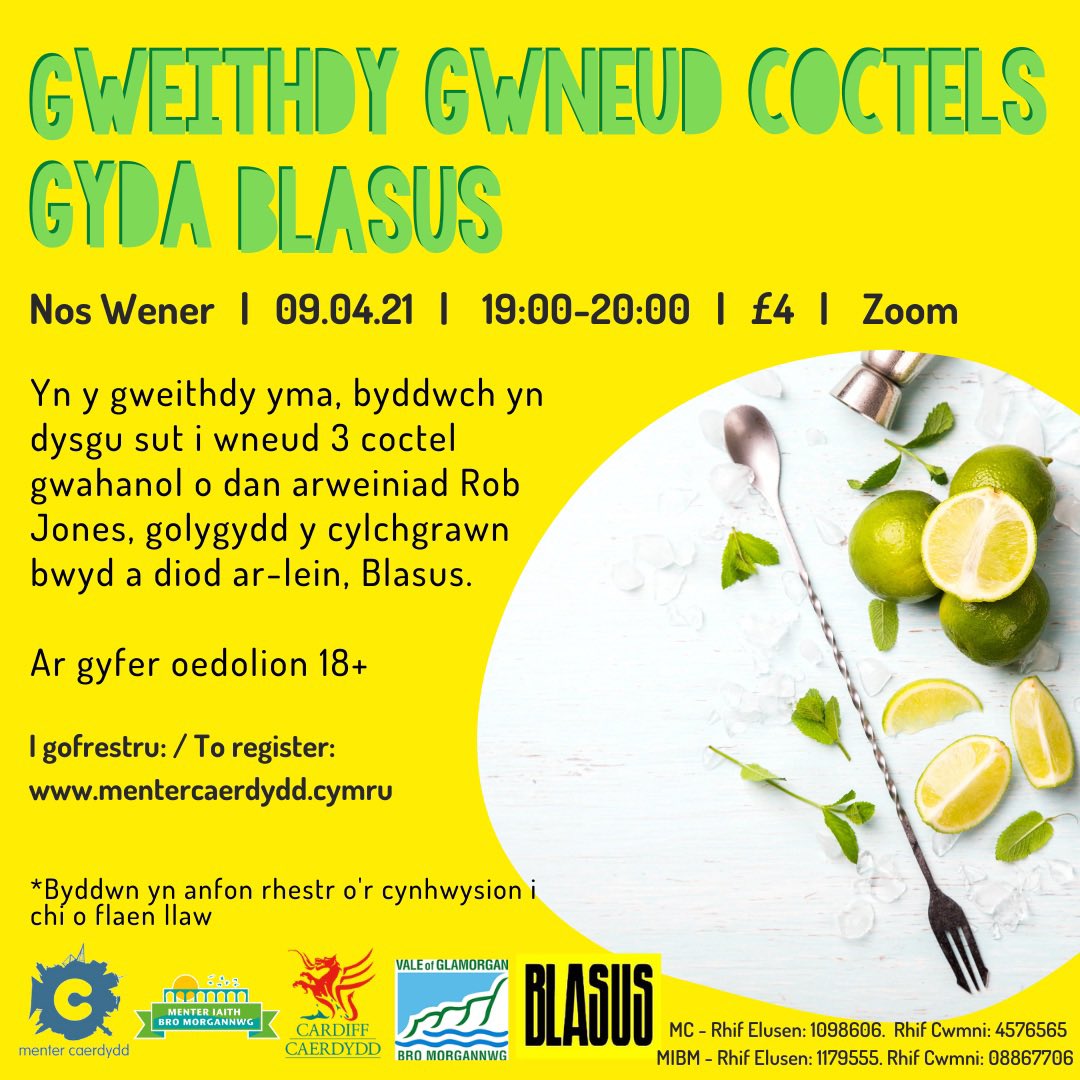 Gweithdy Coctels gyda <a href="/blasusmag/">blasus</a>! 🍸🍹🍋

O dan arweiniad Rob Jones, byddwch yn dysgu sut i wneud 3 gwahanol coctel dros Zoom!

Ewch i’r wefan i gofrestru!

➡️ mentercaerdydd.cymru/product/gweith…