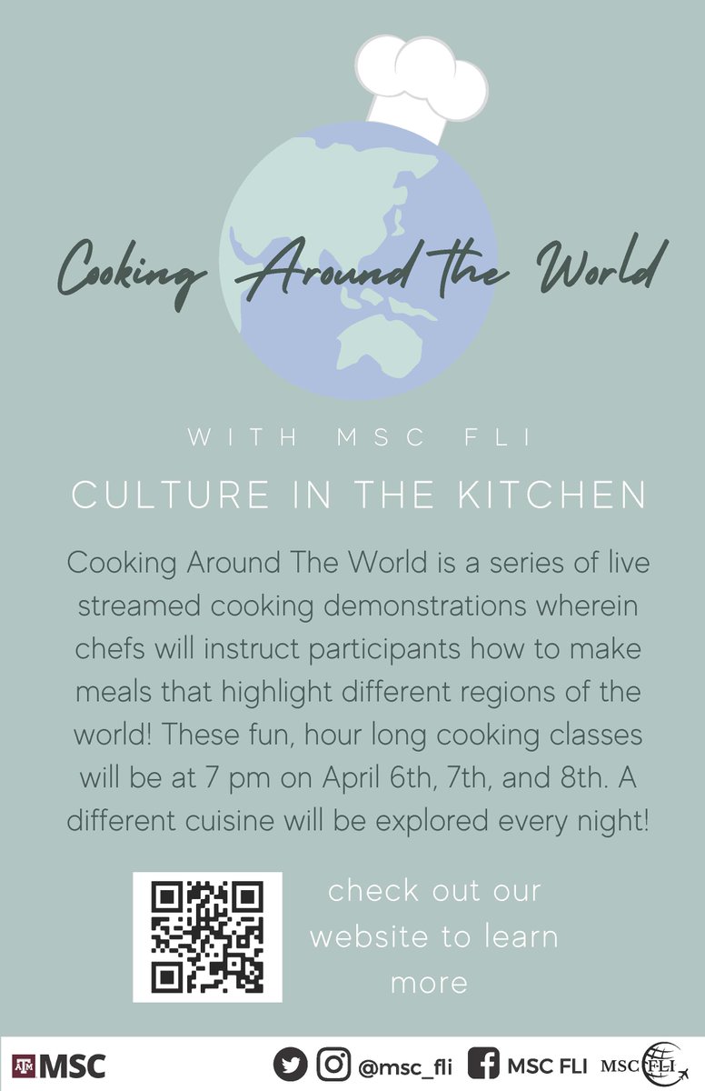 MSC_FLI's tweet photo. Howdy! We are excited to announce our spring program: Cooking Around The World. Tickets are $5 per night or $12 for all three nights. Visit our website for more information on how to register for the event. We hope to see you there! https://t.co/HeTKTG6q2z