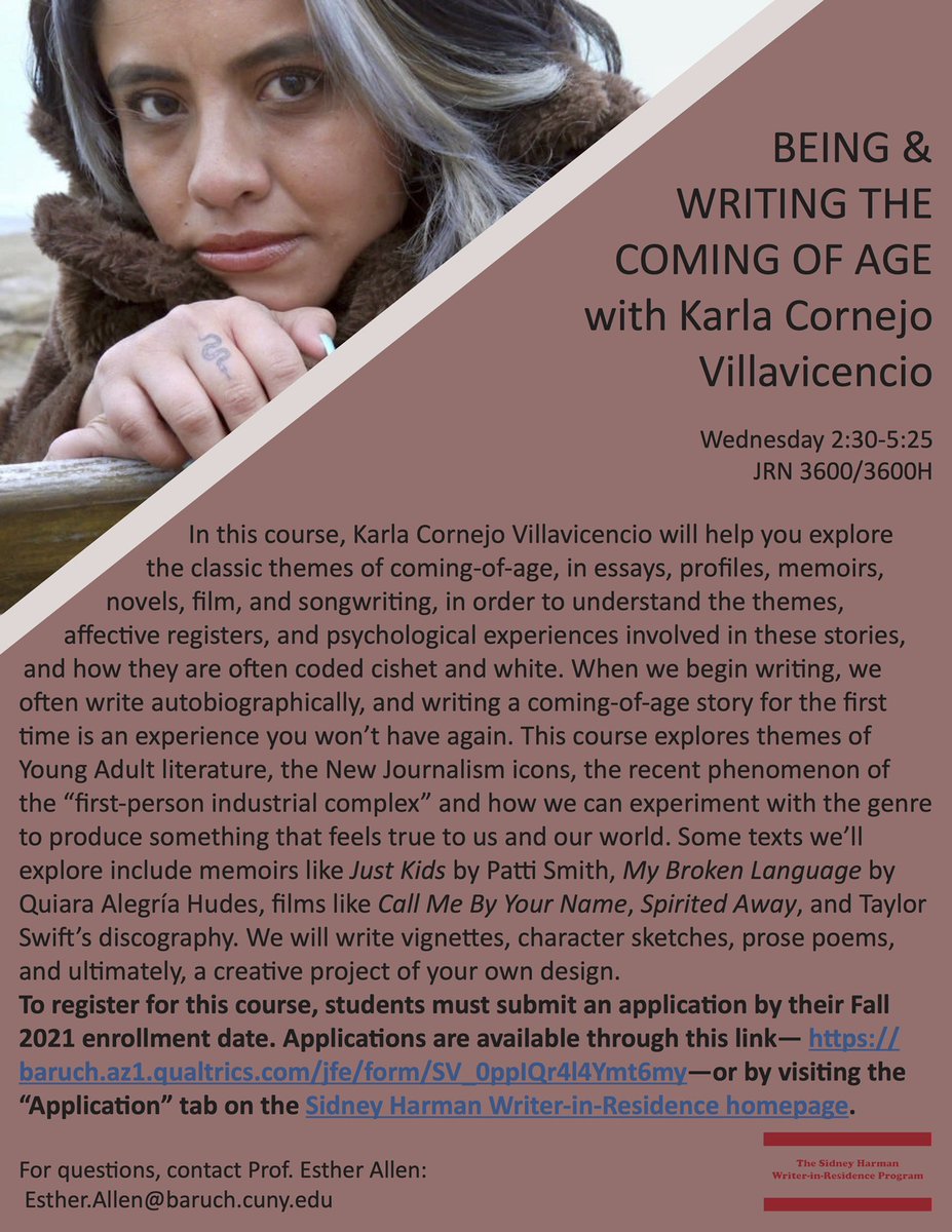 DS_Baruch's tweet photo. Attn. Baruch Students — applications are now open for a creative nonfiction writing course with Fall 2021 @HarmanProgram Writer-in-Residence: Karla Cornejo Villavicencio. https://t.co/Tx9KI7AF6L