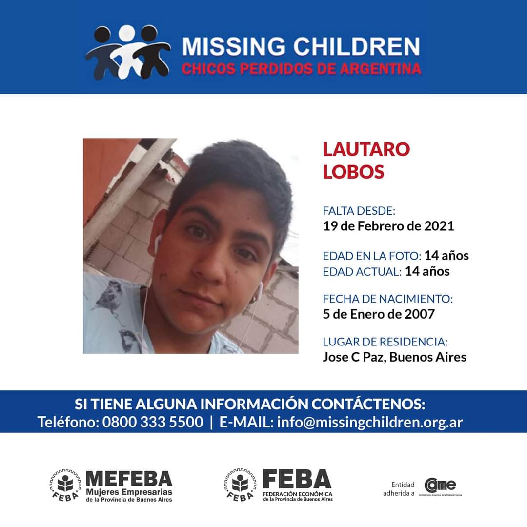 ¡Gracias por prestarnos tus ojos! 
Buscamos a Lautaro Lobos.
¡Ayudanos compartiendo la publicación!
Desde #MEFEBA colaboramos con <a href="/missingcharg/">Missing Children Arg</a>. Son búsquedas debidamente documentadas y vigentes, hasta el día de la fecha. 
#PorMenosChicosPerdidos
#PorMasChicosEncontrados