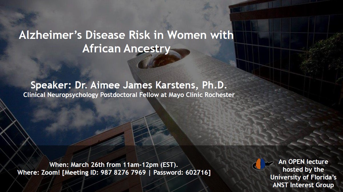 Join us virtually this Friday 3/26/21 at 11am(EST)! We are excited to learn from <a href="/DrAimeeJames/">Aimee James Karstens, PhD</a> about Alzheimer's Disease Risk in Women with African Ancestry #NeuropsychTwitter 
<a href="/APADivision40/">Society for Clinical Neuropsychology</a>