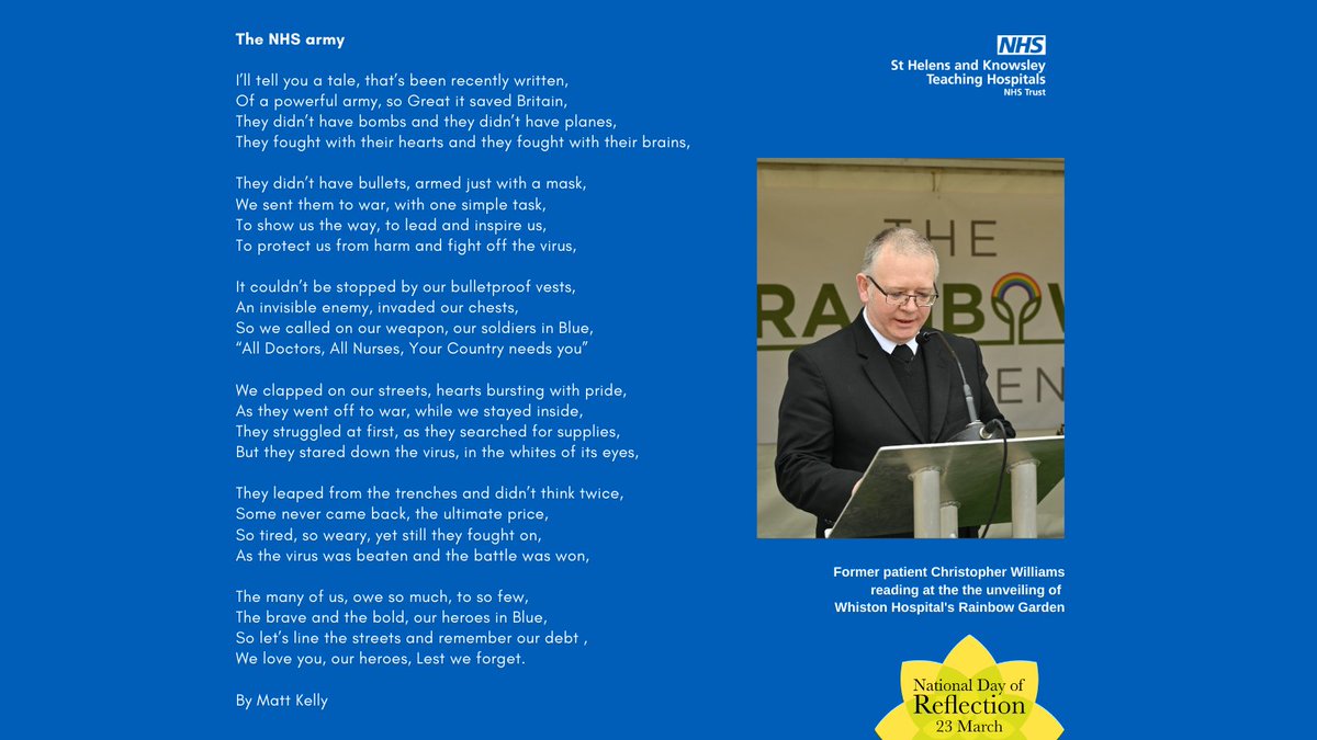 MWLNHS's tweet photo. Today at the launch of our new Rainbow Garden at Whiston Hospital, former patient Christopher Williams dedicated this moving poem to each member of #TeamSTHK

Chris continues to recover from COVID-19 after spending 6 weeks at Whiston Hospital, 4 weeks on ICU.

Thank you Chris 💙 https://t.co/8WxejCUE0v