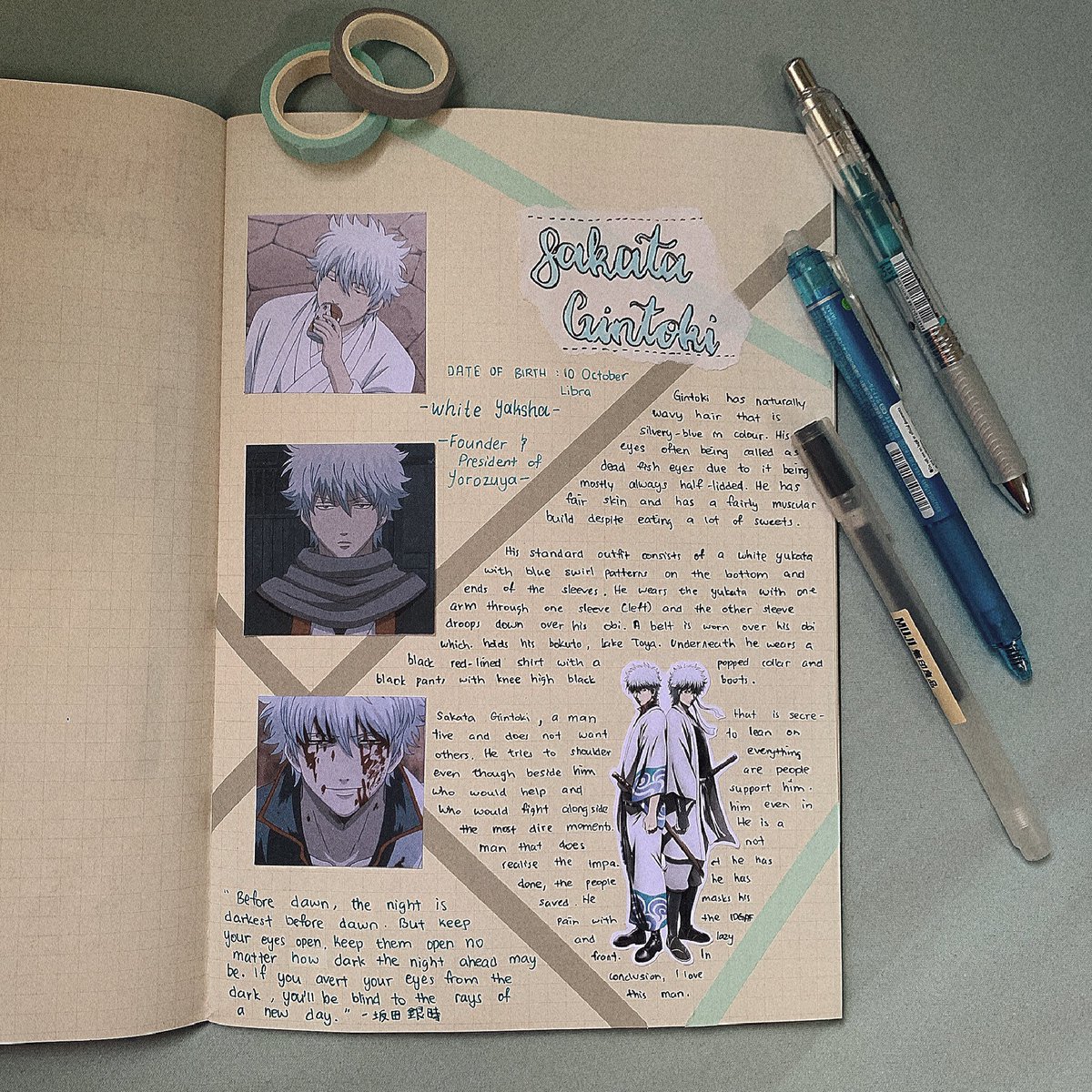 Haven’t done an anime journal spread for a long time, so here is a Sakata Gintoki from Gintama spread cause I miss him.
#sakatagintoki #gintama #journaling #animejournal