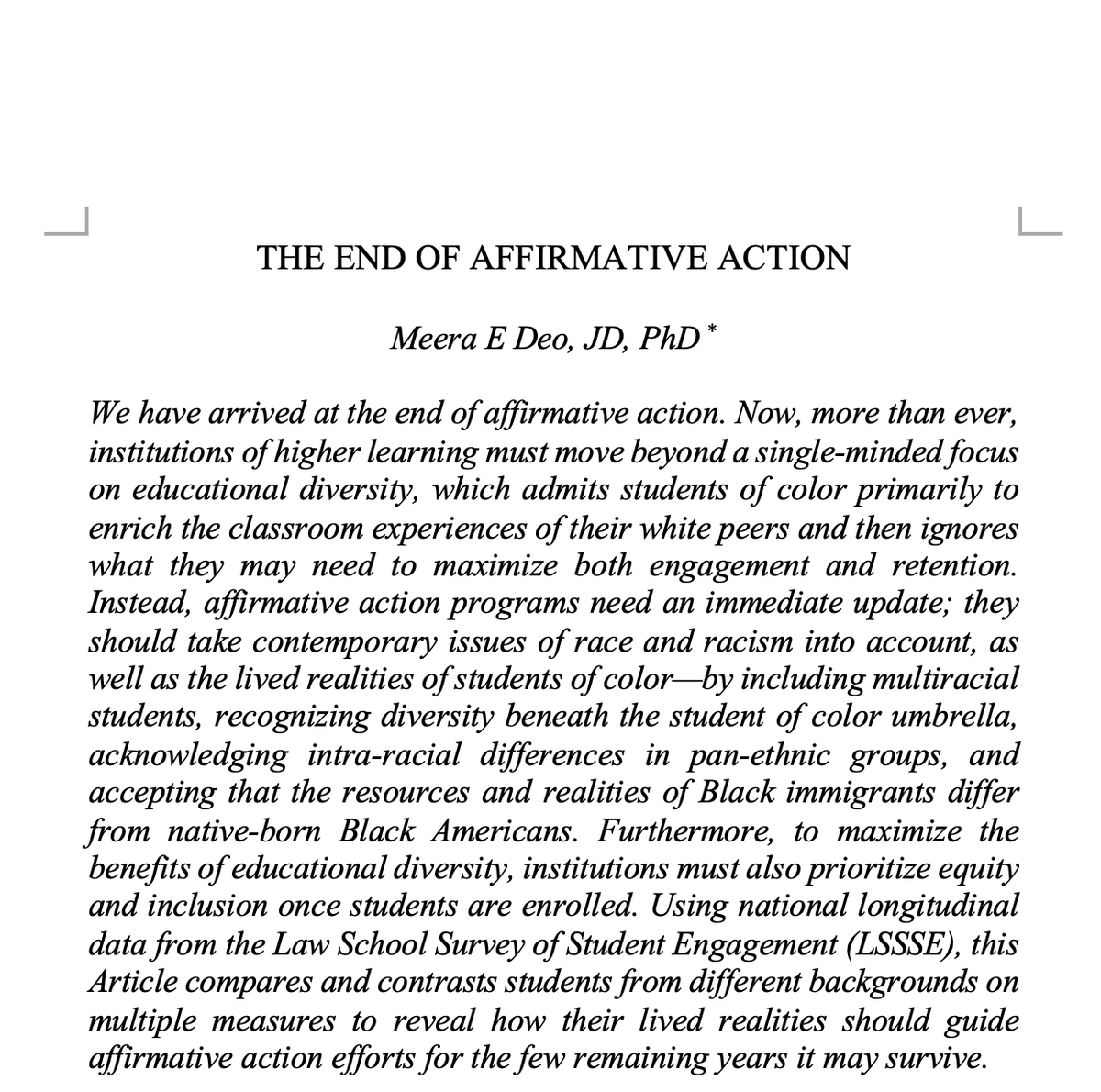 meeradeo's tweet image. Thrilled that my article *The End of Affirmative Action* will be published in the centennial issue of @NCLRev! Using theory, case law, &amp;amp; empirical data on law students, I propose moving affirmative action beyond #diversity toward #equity &amp;amp; #inclusion. /1  ssrn.com/abstract=38103…