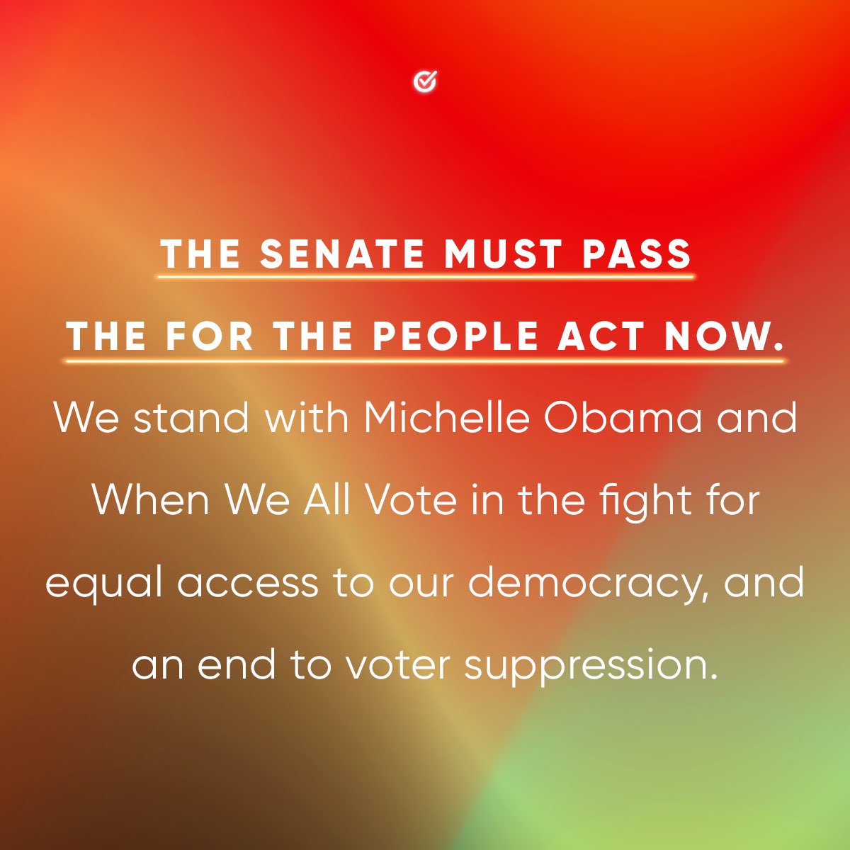Now is our chance to protect and strengthen our democracy and put power back where it belongs—with the people.

I'm proud to stand with @MichelleObama and @WhenWeAllVote to urge the Senate to pass the #ForThePeopleAct. Read our letter & take action: weall.vote/democracy