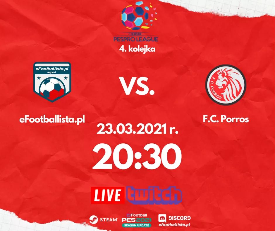 #MatchDay #PES2021
<a href="/e_PESPRO/">PESPRO | eSports 10vs10 Leagues</a> Round 4
🕰️ 20:30 CET
<a href="/efootballistaPL/">efootballista.pl🎮⚽</a> vs. F.C. Portos
📺 twitch.tv/tightend82