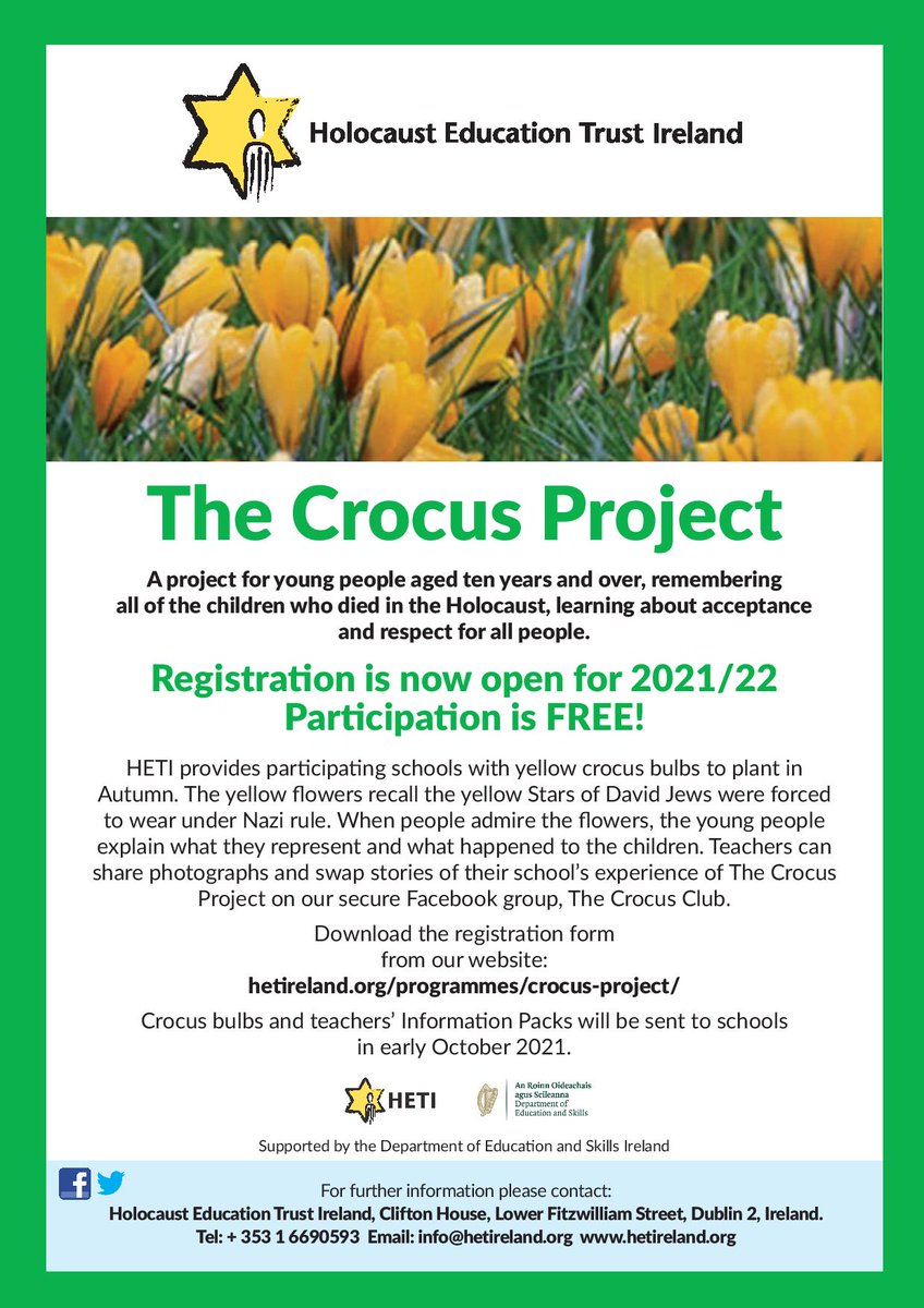 he_ireland's tweet photo. HETI is now taking registrations for The Crocus Project 2021

Participating in The Crocus Project is a tangible way to introduce young people to the subject of the Holocaust and to raise awareness about the dangers of racism &amp; discrimination

Learn more👉https://t.co/jgtMdgCLMS https://t.co/I8fwBbafIX