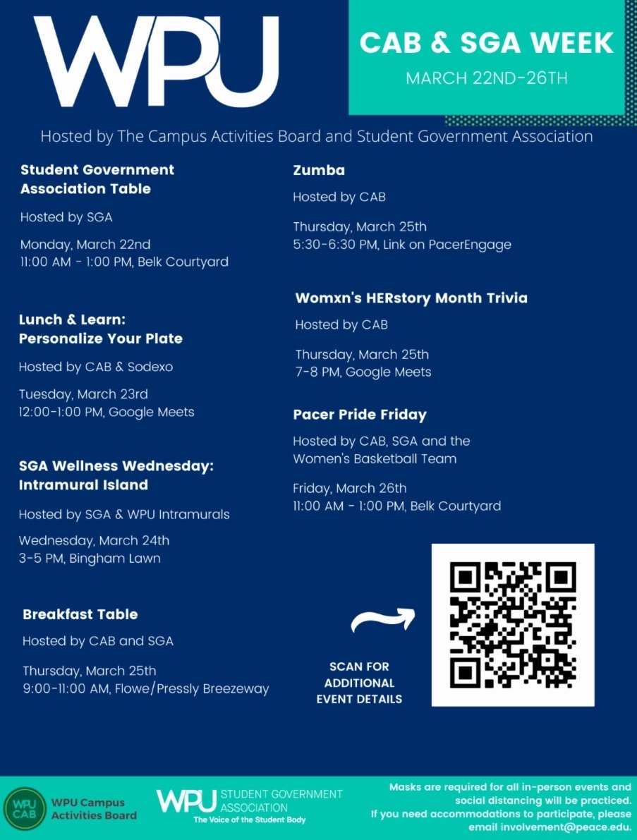 It's CAB/SGA week. Be on the lookout for all the events we have planned for you all. (Hint: free swag)