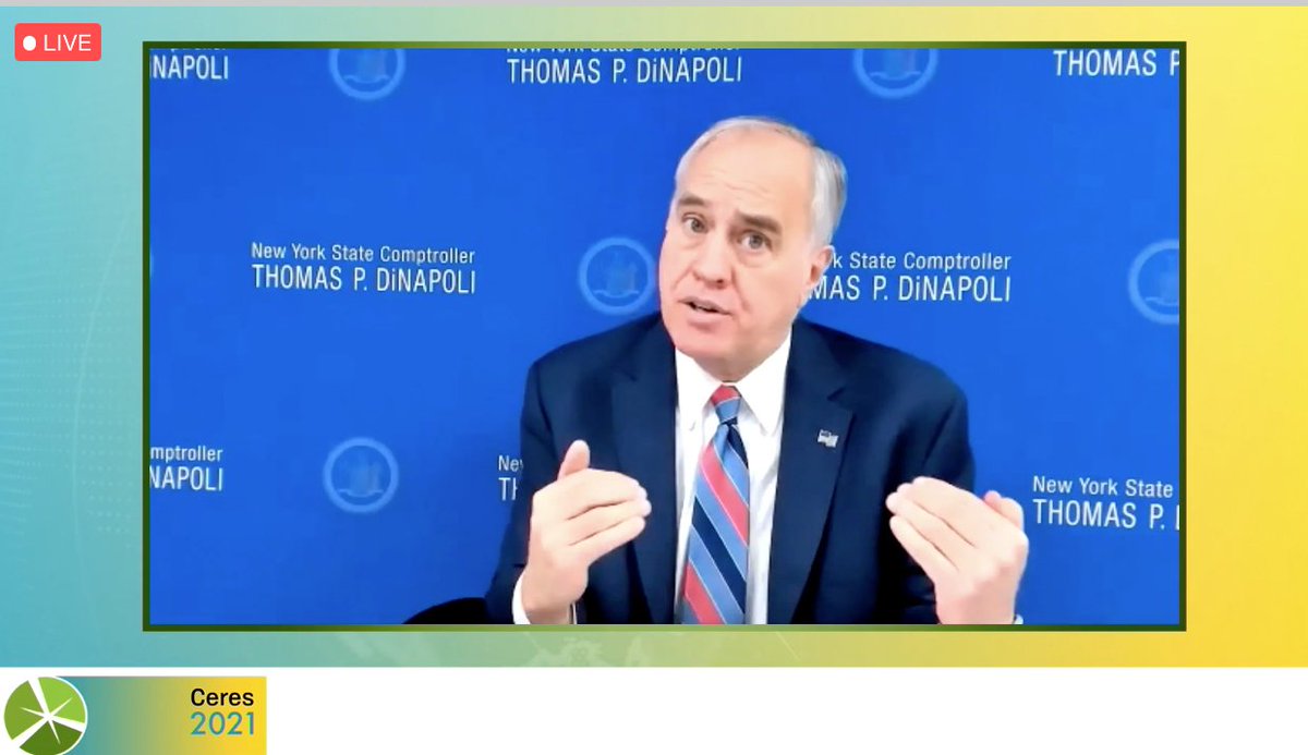 dsaccardi's tweet photo. .@NYSComptroller on "Achieving Paris-Aligned Investment Portfolios":
it's less about divestment, and more about are companies "making the decisions and choices to position themselves for a low-carbon future"
#Ceres2021 #TransformTomorrowToday @CeresNews https://t.co/OR3Z0kR67i