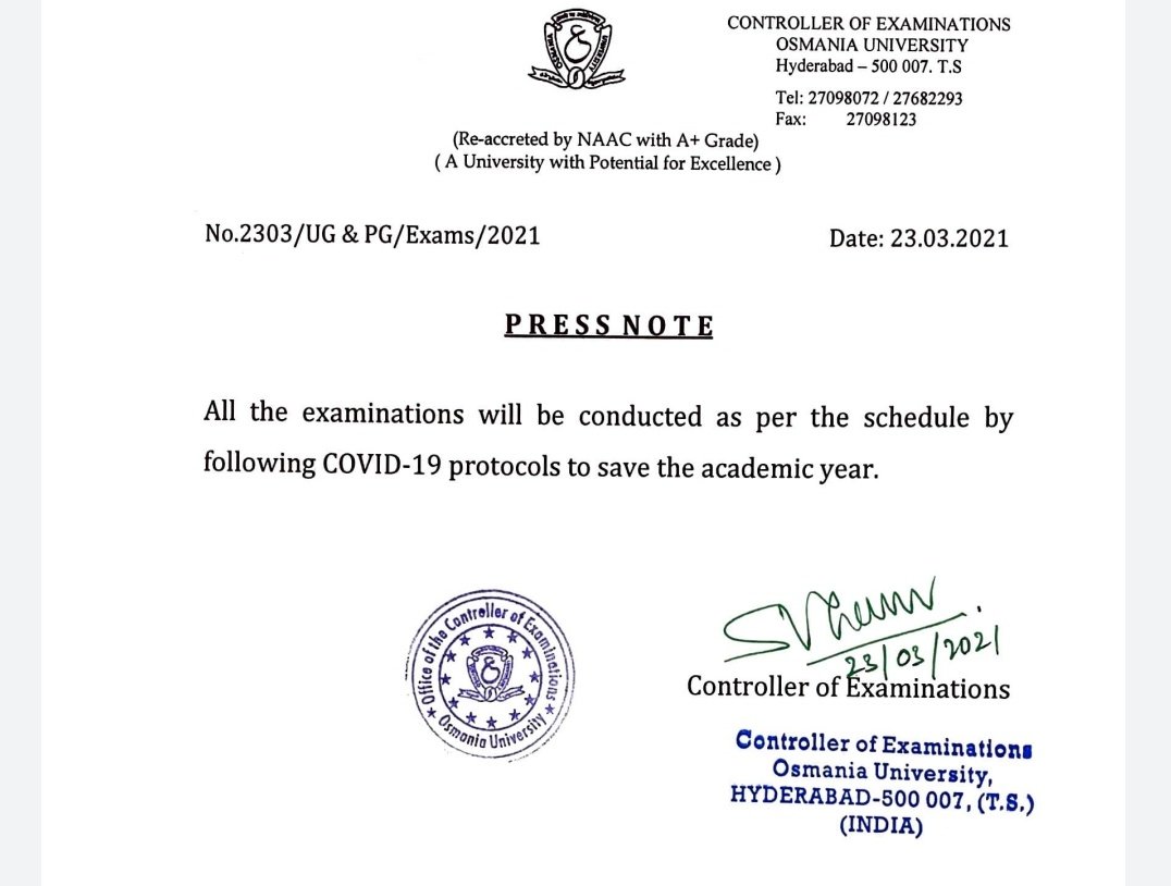TOIHyderabad's tweet photo. After JNTUH, even @OsmaniaOfficial issues a circular stating that all exams will be held as per schedule https://t.co/UL9DAqDSKP