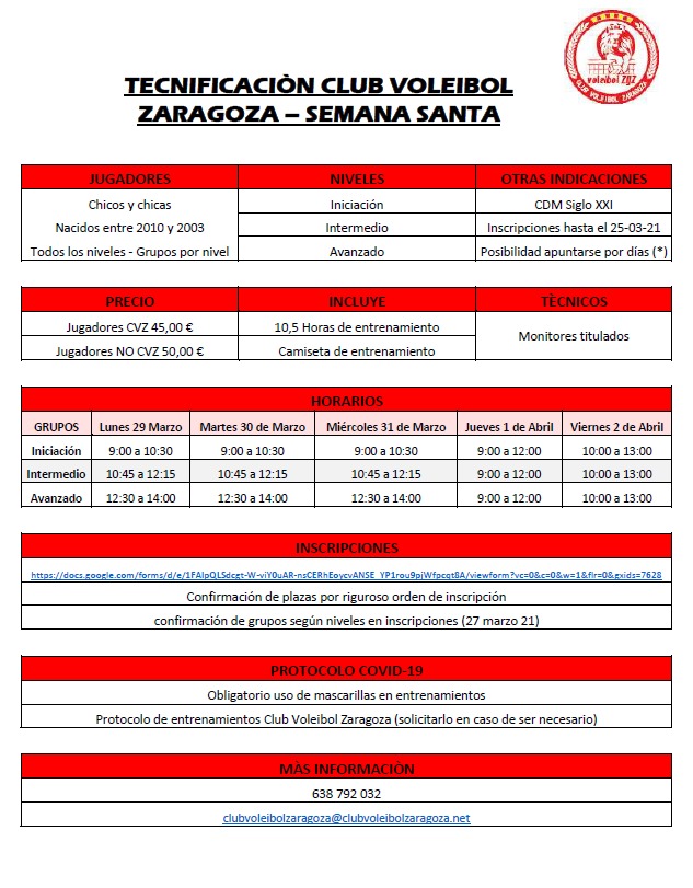 ¡¡ TECNIFICACIÓN SEMANA SANTA !!

🏐 Entrenamientos de técnica
📊 niveles de iniciación, medio y avanzado.
📆 De lunes 29 de marzo a viernes 2 de abril.
🕜 Mañanas
📍 CDM Siglo XXI
📲 Info: clubvoleibolzaragoza@clubvoleibolzaragoza.net
🙋🏼 De 9 a 17 años.

docs.google.com/forms/d/e/1FAI…