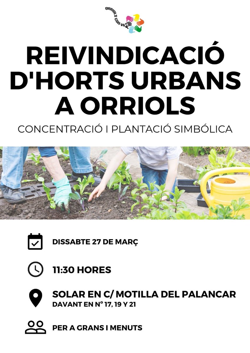 BenimacletAvv's tweet photo. El barri  d'Orriols també reivindica la utilització d'espais abandonats per a reconvertir-los en horts urbans.                                     Acudeix i dóna suport a la iniciativa aquest pròxim dissabte a les 11'30 al carrer Motilla del Palancar!!!! https://t.co/HW3RPO2YX0