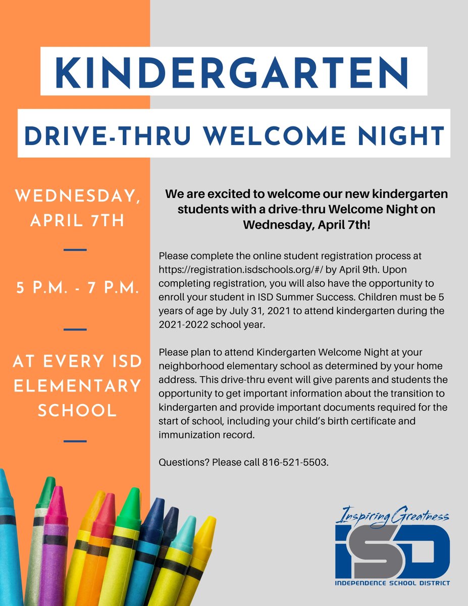 ISDSchools's tweet photo. We are excited to welcome new kindergarten students with a drive-thru Welcome Night on April 7 from 5-7 p.m. at every ISD elementary school! Please register your student for the 2021-2022 school year at https://t.co/Xjh4Covn3c prior to Welcome Night. #isdstrong https://t.co/GxRjFWoD2k