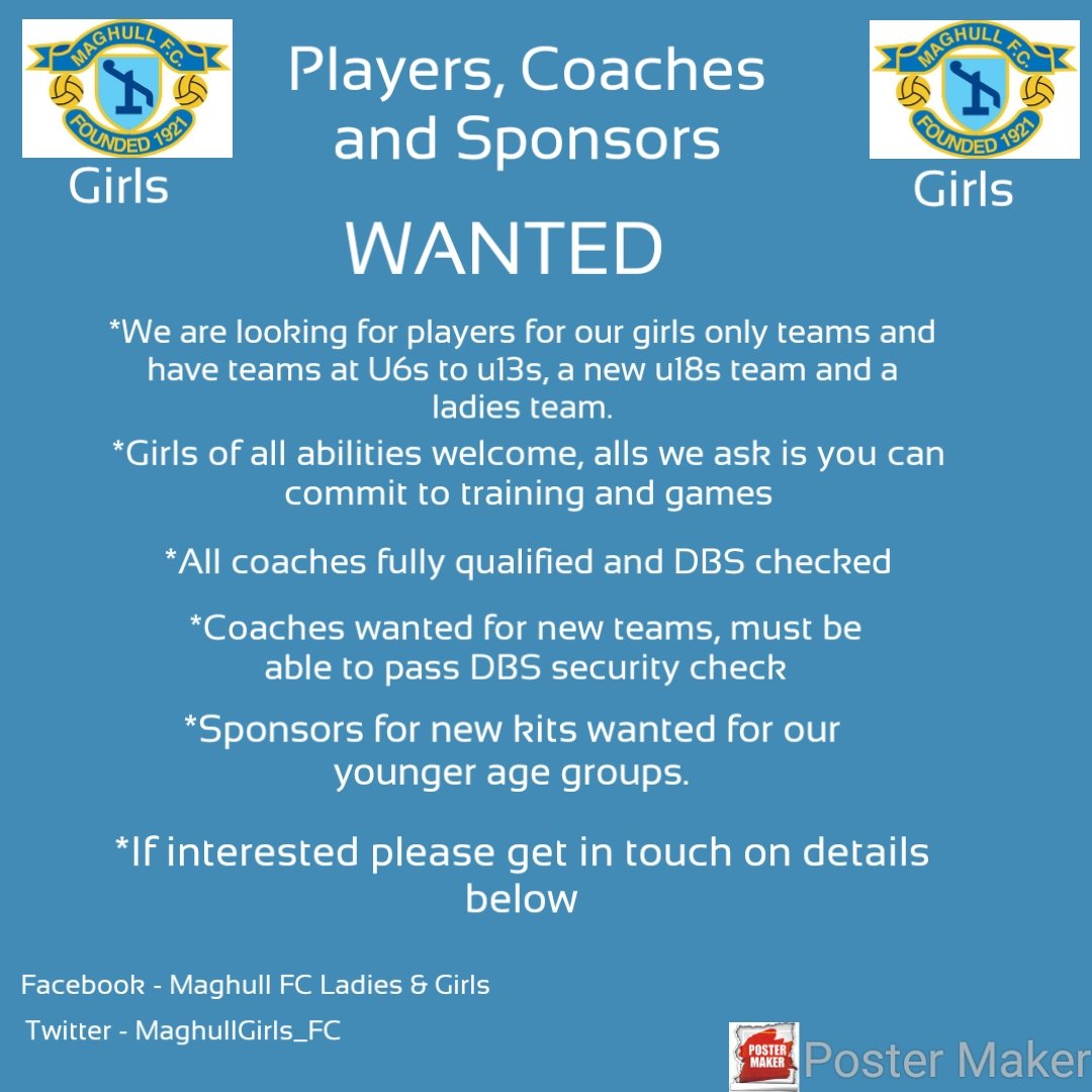 MaghullFCLadies's tweet photo. Pls RT

Girls only teams looking for players in school year 1, 2, 4, 5, 8 and year 11+.  

We are also looking for coaches to take over new teams, must be able to pass security check.

Also looking for companies to help sponsor our younger teams coming through.  

Thanks https://t.co/OIyMu6Jiwc