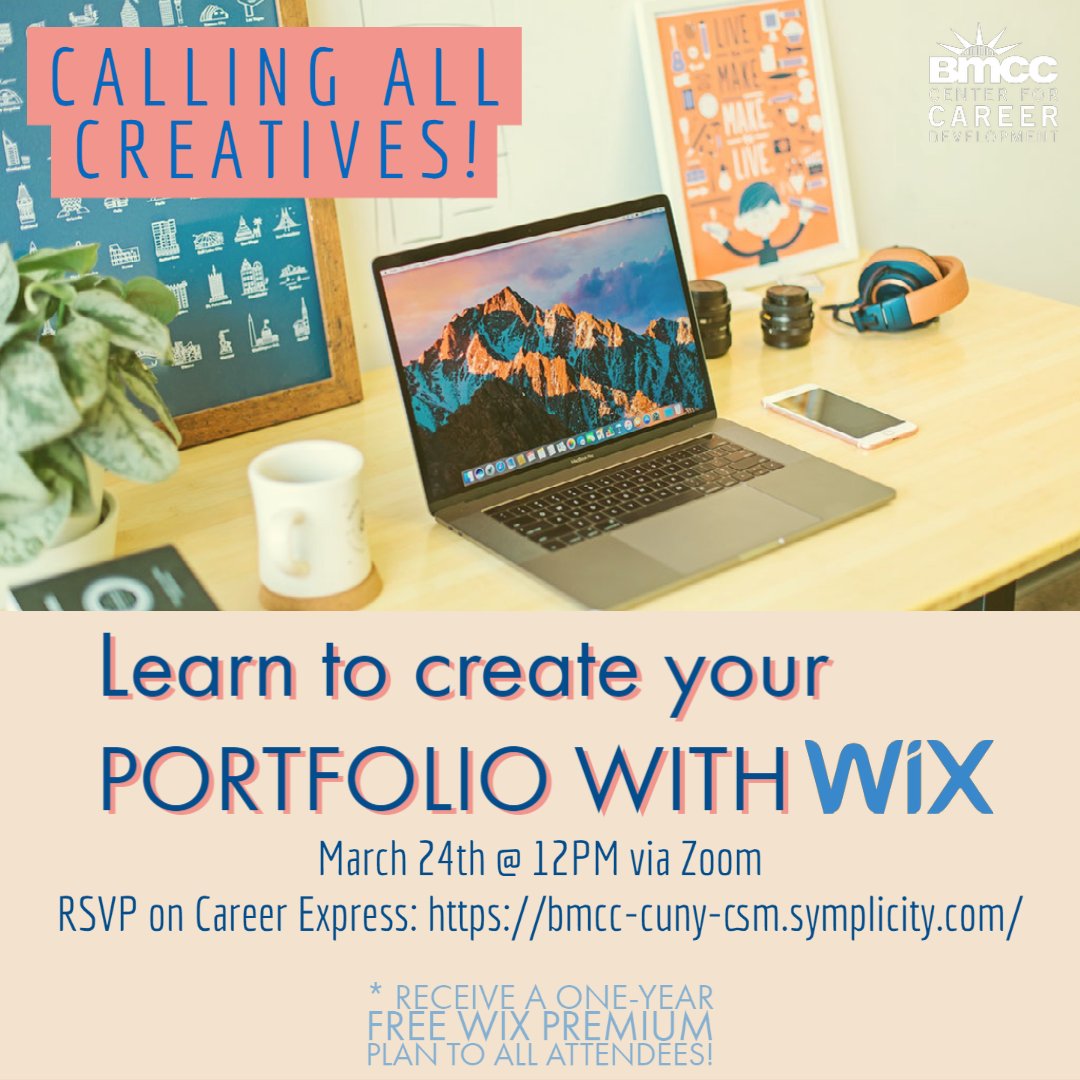BMCCCareers's tweet photo. Want to learn to put together a creative portfolio but don't know where to start? 

Join @Wix and @BMCCCareers on how build beautiful websites and portfolios from scratch. 

RSVP on Career Express and to get the details on how to join this exciting workshop!

#BMCCCareers https://t.co/0YWsRtVZy7