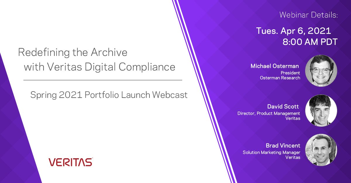 Veritas Technologies (@veritastechllc) on Twitter photo Redefining the Archive with Digital Compliance
   
Tuesday, April 6, 2021 | 8:00 a.m. PDT
   
In this webcast, learn how Veritas Digital Compliance portfolio can help close the data governance gap to ensure your organization's compliance. Details: vrt.as/2QqMo4J Redefining the Archive with Digital Compliance
   
Tuesday, April 6, 2021 | 8:00 a.m. PDT
   
In this webcast, learn how Veritas Digital Compliance portfolio can help close the data governance gap to ensure your organization's compliance. Details: vrt.as/2QqMo4J
