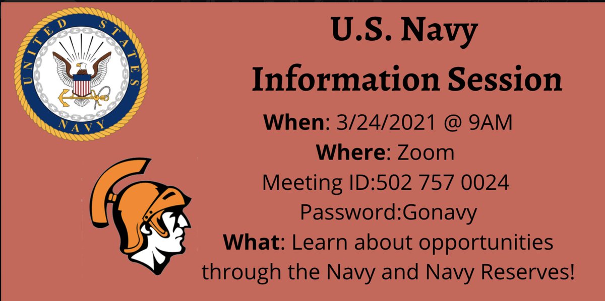 UHSCounseling_'s tweet photo. Attention Class of 2021 and 2022! Tomorrow we have two virtual opportunities for you! 
9:00 AM- U.S Navy
9:30 AM- U.S Army 

Check your email for more details! https://t.co/QQaQVo0JjT