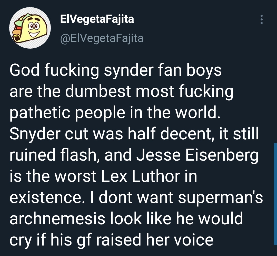 femmevillain's tweet photo. you can tell some of these men are just mad lex wasn't their perfect power fantasy lmao. the shit they say makes no sense. he intimidated superman with nothing but his wit despite being his physical inferior and that's what a good lex should do. https://t.co/E2zQtKlYTs