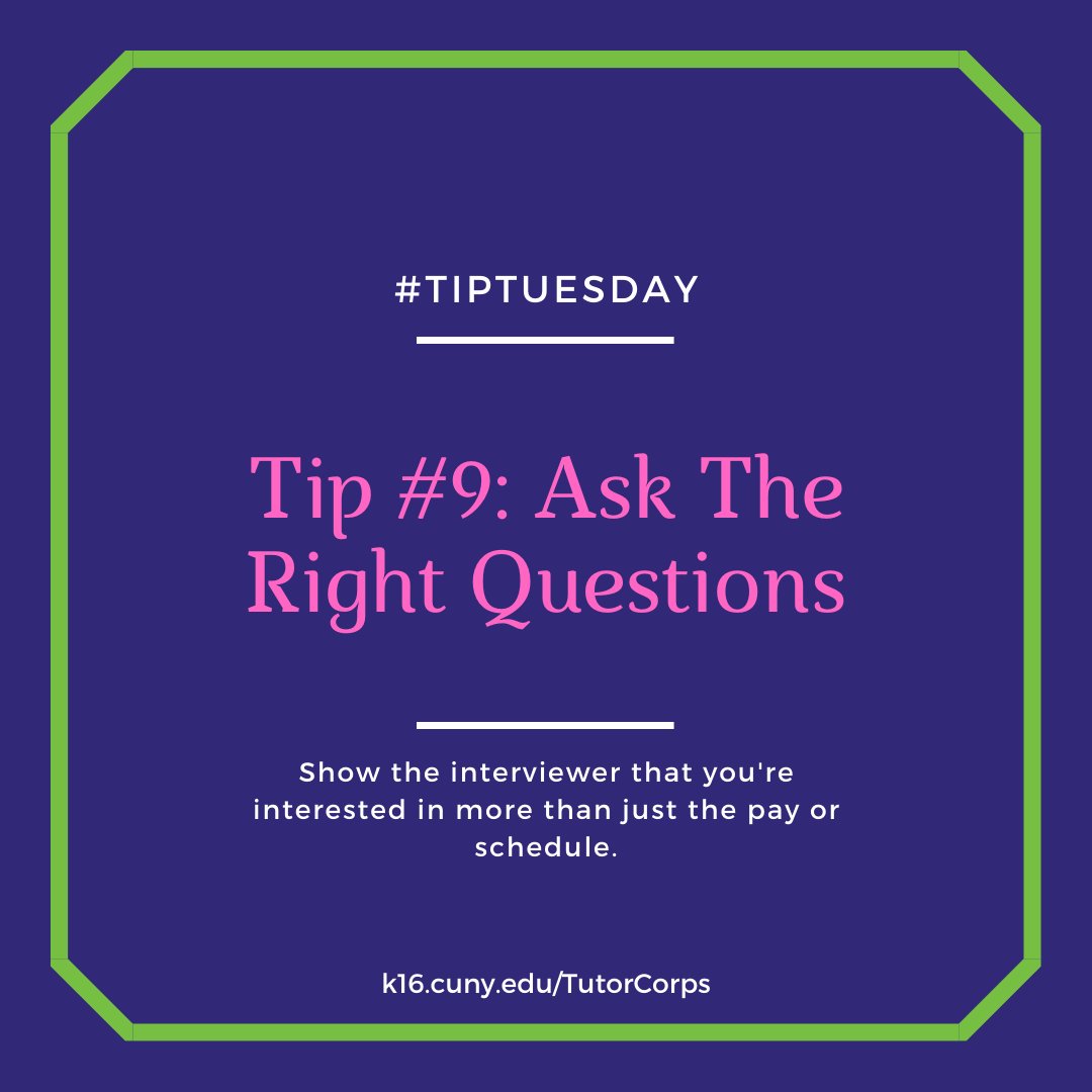 CUNYTutorCorps's tweet photo. A job interview is also your chance to interview the employer. What is the work culture like? How will your manager help you succeed? Be creative and curious with your questions! #TipTuesday https://t.co/rop9s1vtSL