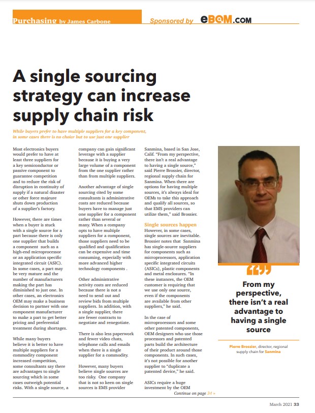 SanminaCorp's tweet photo. Sanmina’s Pierre Brossier discusses the pros and cons of supplier sourcing models with other industry experts. (pages 33-35)
https://t.co/u002KOFUn0
#supplychain #manufacturing #multisourcing https://t.co/lB3vyJDLOi