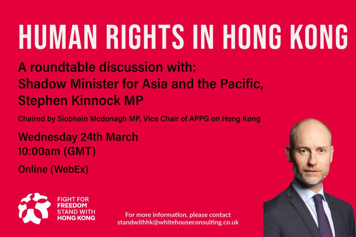 SKinnock's tweet photo. We've pushed the UK govt into sanctioning Chinese govt officials in Xinjiang, but not yet Hong Kong.

Tomorrow, at 10am, I’ll be joined by @siobhain_mc and @tedhuichifung for a roundtable discussion on how @UKLabour will #StandWithHongKong.

To register: https://t.co/Al5CumF24Q https://t.co/HCiCEnFhQh