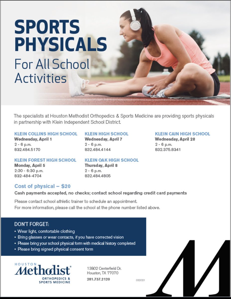 KOHSSportsMed's tweet photo. 🚨 🚨 ALL OAK ATHELTES 🚨 🚨 Klein Oak pre-physicals are taking place this week and next week in preparation of our physical day April 8th. Please bring $20 cash to your assigned pre-physical day and any glasses or contacts.
    
See you all April 8th for physical day! https://t.co/oZ9GFXio03