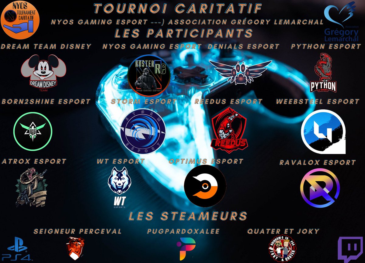 Petit rappel des 12 équipes participant au tournoi caritatif mucoviscidose 😁
<a href="/NyosTeam/">Nyos Gaming Esport</a> <a href="/esport_optimus/">Optimus eSport</a> <a href="/B2S___/">Arthur Habrias</a> <a href="/RavaloxEsport/">Ravalox </a> @webSPELL_GAMING <a href="/itzcolo/">HiTech Cafe</a> <a href="/StM_ESPORT/">STØRM Esport ⚡</a> <a href="/DenialsEsport/">DENIALS E-Sport (OFF)</a> @python91esport <a href="/EsportsReedus/">Reedus_Esports</a> @WTesport_ @DreamDISNEY5 
Merci de votre participation et GL a tous😁