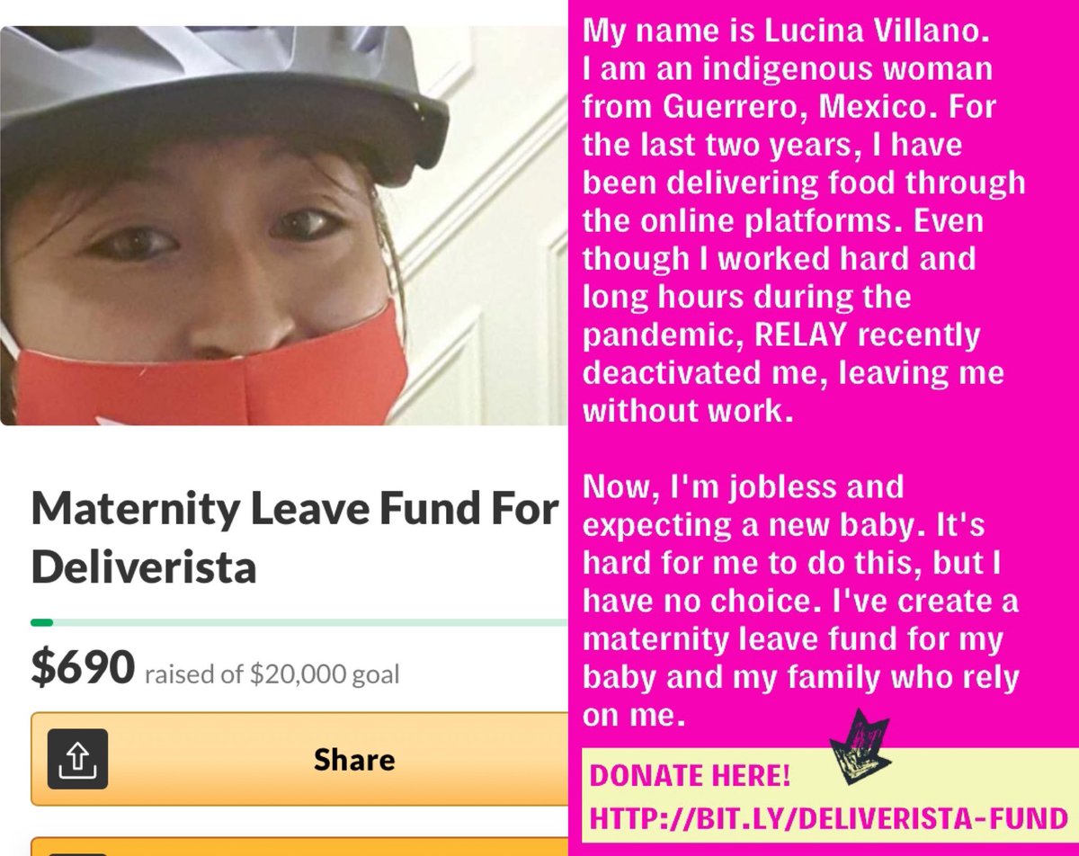 workersjusticep's tweet photo. #Support Lucina—who is fighting against corporate greed w/ #LosDeliveristasUnidos!

She was recently deactivated from the food app #Relay, leaving her w/out work. 

Show gratitude for keeping New Yorker fed during COVID-19 by making a DONATION to her fund: https://t.co/iBUZOYoYgA https://t.co/4aJHp5eUWU