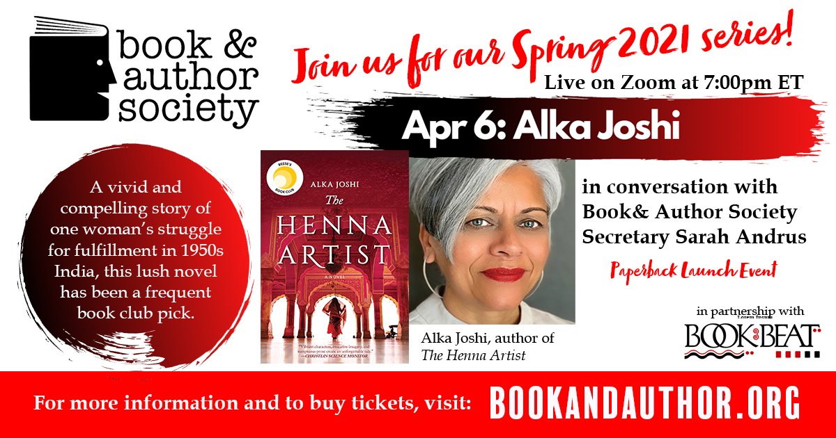 bookandauthors's tweet photo. We're very excited to have @alkajoshi join us for the Paperback Release of her novel The Henna Artist, which has been an extremely popular book club pick. Join us on April 6th to kick off our spring series! Tickets at https://t.co/gjecLFil2H #BookAndAuthor https://t.co/NNwgJXDovW