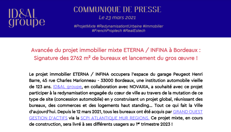 [COMMUNIQUÉ DE PRESSE]
Notre projet immobilier mixte ETERNA/INFINA à #Bordeaux se situera au cœur du quartier Meriadeck et est prévu pour 2023. 

Un projet qui participe à la redynamisation engagée du cœur de ville !

Pour en savoir +👉 bit.ly/31bozQw

#immobilier #VEFA