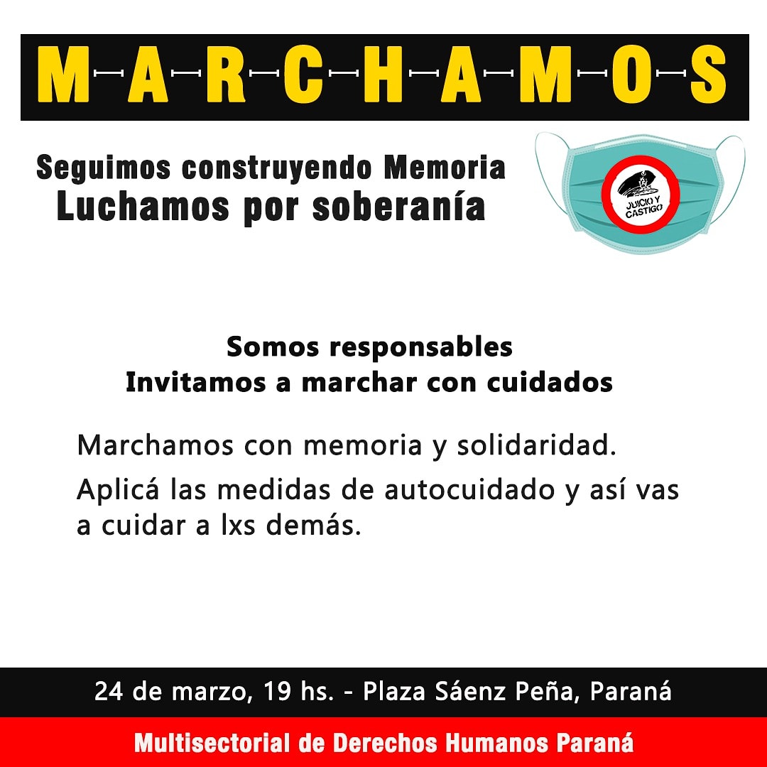 HIJOSParana's tweet photo. El 24 de Marzo marchamos en Paraná.
Respetá las medidas de cuidado. 
Luchamos por soberanía. https://t.co/ZxIQt8HxdK