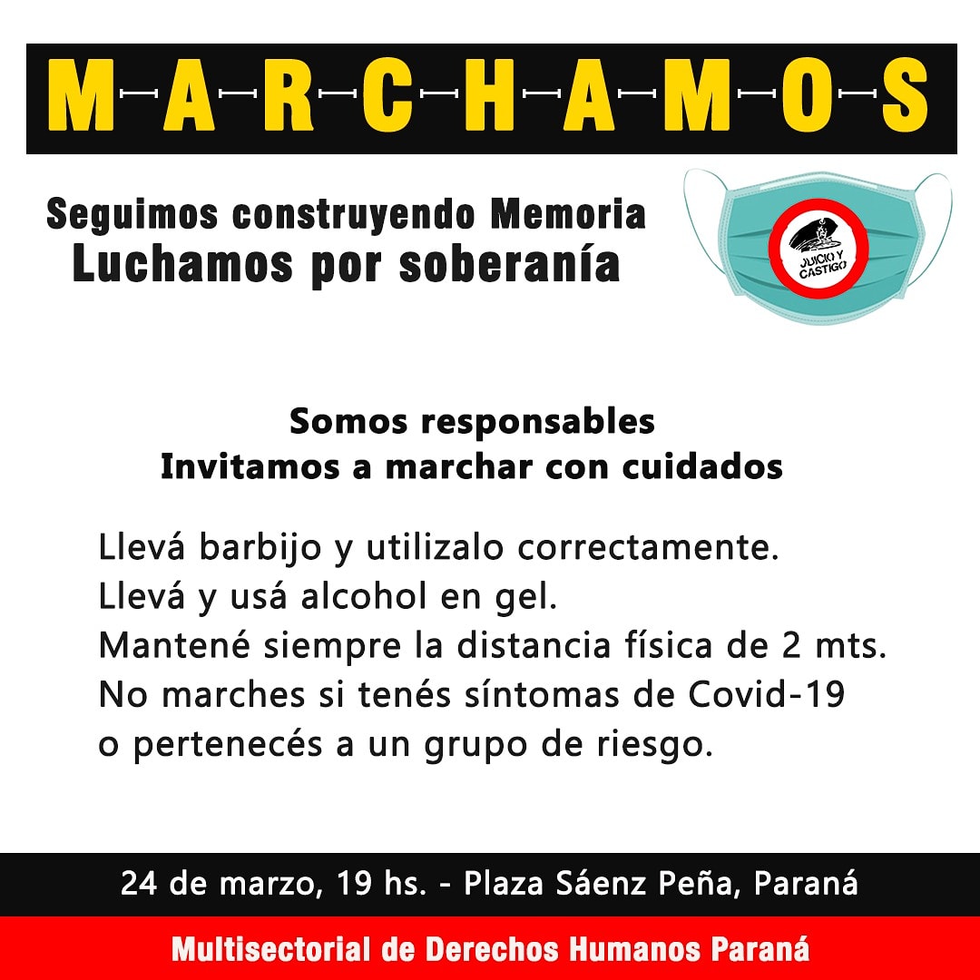 HIJOSParana's tweet photo. El 24 de Marzo marchamos en Paraná.
Respetá las medidas de cuidado. 
Luchamos por soberanía. https://t.co/ZxIQt8HxdK