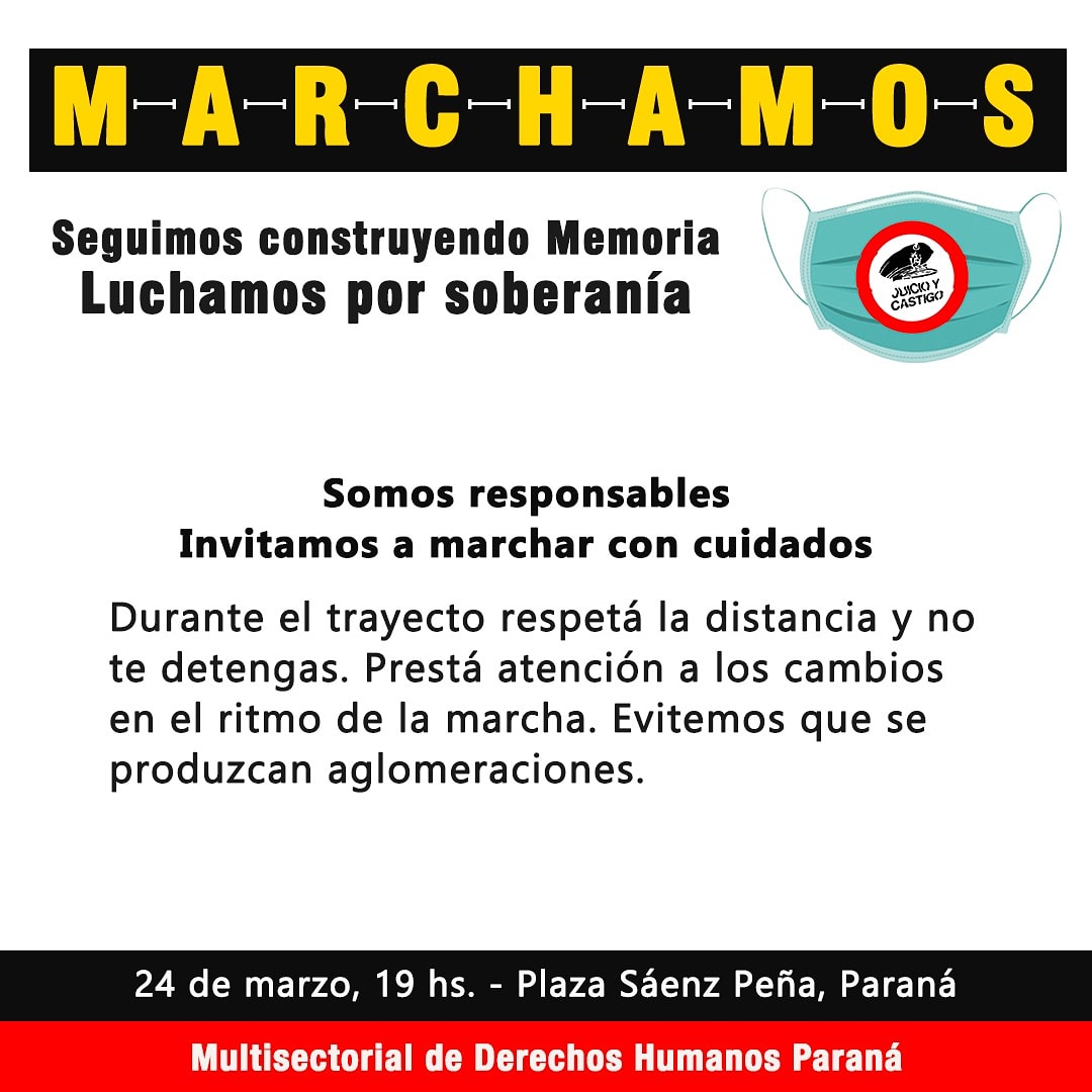 HIJOSParana's tweet photo. El 24 de Marzo marchamos en Paraná.
Respetá las medidas de cuidado. 
Luchamos por soberanía. https://t.co/ZxIQt8HxdK